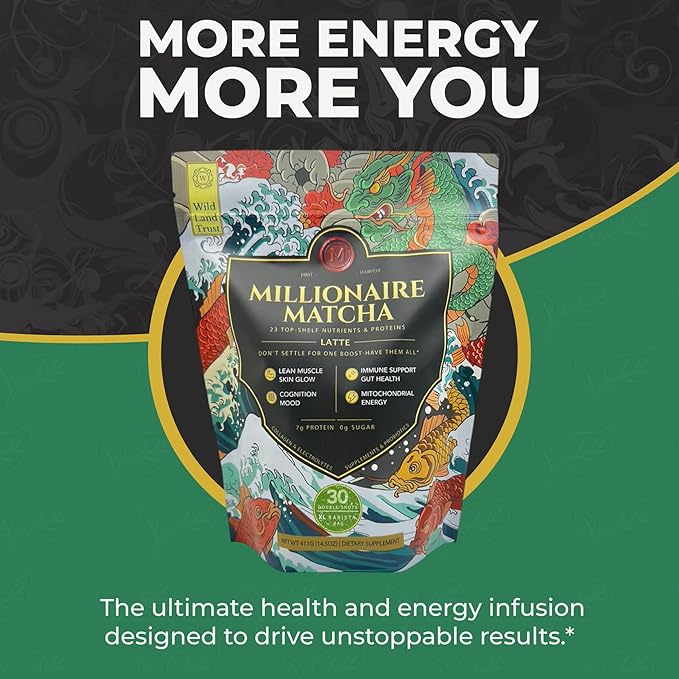 Millionaire Matcha – Latte Powder for Focus & Mitochondrial Energy – Ceremonial Grade | Keto | Dairy-Free – 30 Servings
