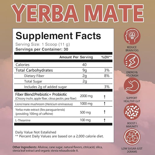 Yerba Mate Instant Tea Powder - Clean Energy, Boosts Focus, Low Sugar & Caffeine, Gut Health, Peach Mango - 30 Servings