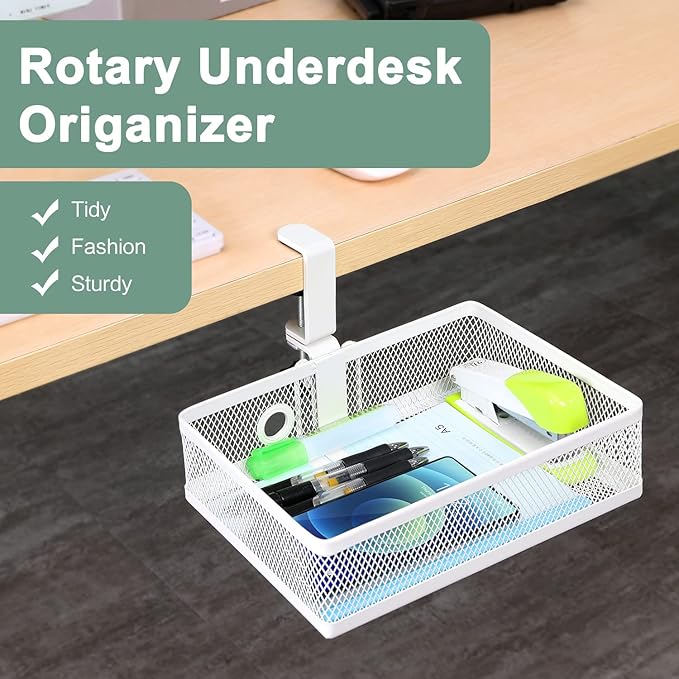 ROSYLINE Clamp On Desk Organizer - Under Desk Hanging Drawer with Storage Basket, Multi-Scene Mount Tray for Home Dorm Office (White)