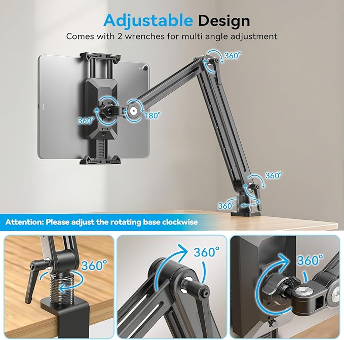 Adjustable Portable Monitor Stand 15.6" - 360° Rotating Base Tall Tablet Desk Arm Holder Stand for iPad Air/Pro/Mini Swivel Flexible Bed Clamp Mount Soporte para Tablet/Monitor Portatil/Ereader