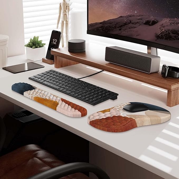 HAOCOO Ergonomic Mouse Pad Wrist Support and Keyboard Wrist Rest, 3 PCS Computer Carpal Tunnel Mouse Pads for Desk with Coaster Set, Memory Foam Mousepad with Non-Slip PU Base for Home Office, Boho