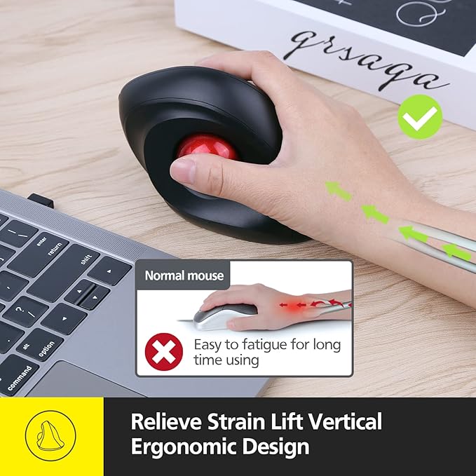 MicroPack Trackball Wireless Mouse, Upgrade Right Hand Ergonomic Mouse with Wireless Vertical Rollerball Computer Mouse, 3 Adjustable DPI, Easy Thumb Control for PC, Laptop, Mac, Windows - Black