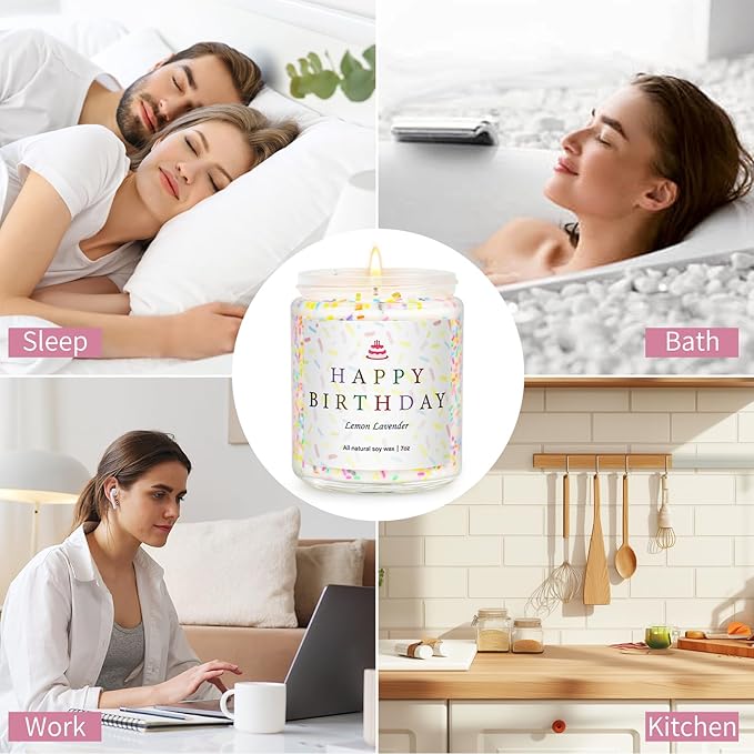 Happy Birthday Candles Set, 4 Pack Birthday Candle Gifts for Women, Unique Best Friend Birthday Gifts Ideas for Her and Him, Natural Soy Candle Scent of Vanilla Coconut/Lavender/Eucalyptus Mint - 7oz