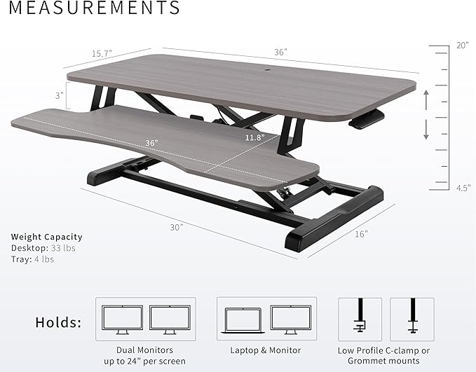 VIVO 36 inch Desk Converter, K Series, Height Adjustable Sit to Stand Riser, Dual Monitor and Laptop Workstation with Wide Keyboard Tray, Gray Top, Black Frame, DESK-V036KG
