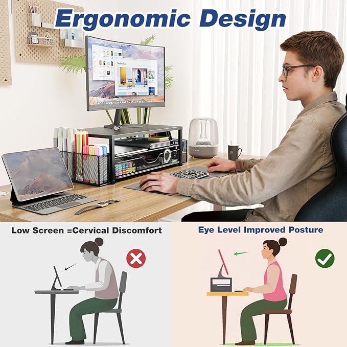 Desk Organizers and Accessories, 2-Tier Computer Monitor Stand Riser with Drawer and 2 Pen Holders, Laptop Stand, Office Desk Accessories for Office Supplies, Brown