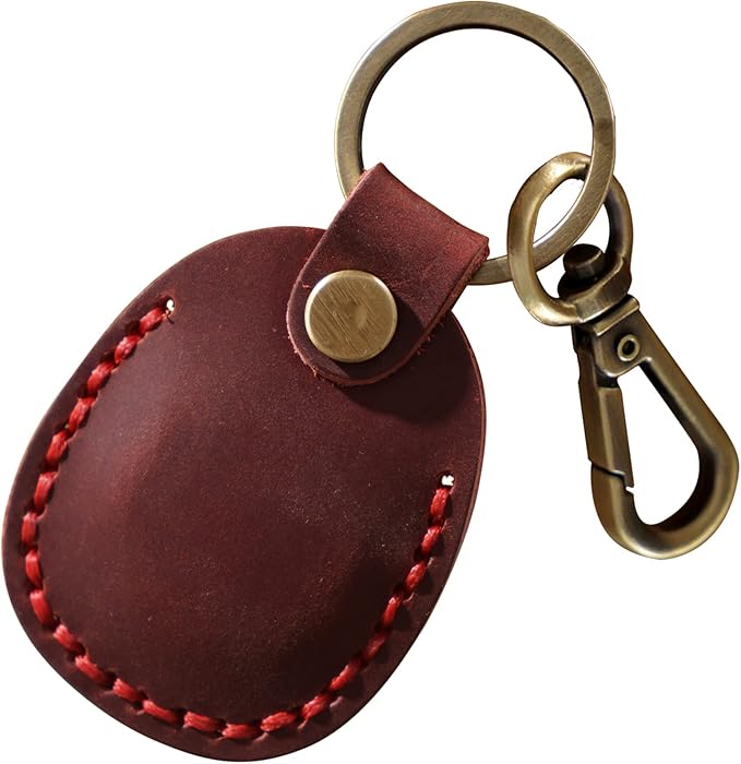Genuine Leather Airtag Holder, Portable Air Tag Keychain with Key Rings Full Coverage Air Tags Hidden Case Cover Compatible for AirTags Red