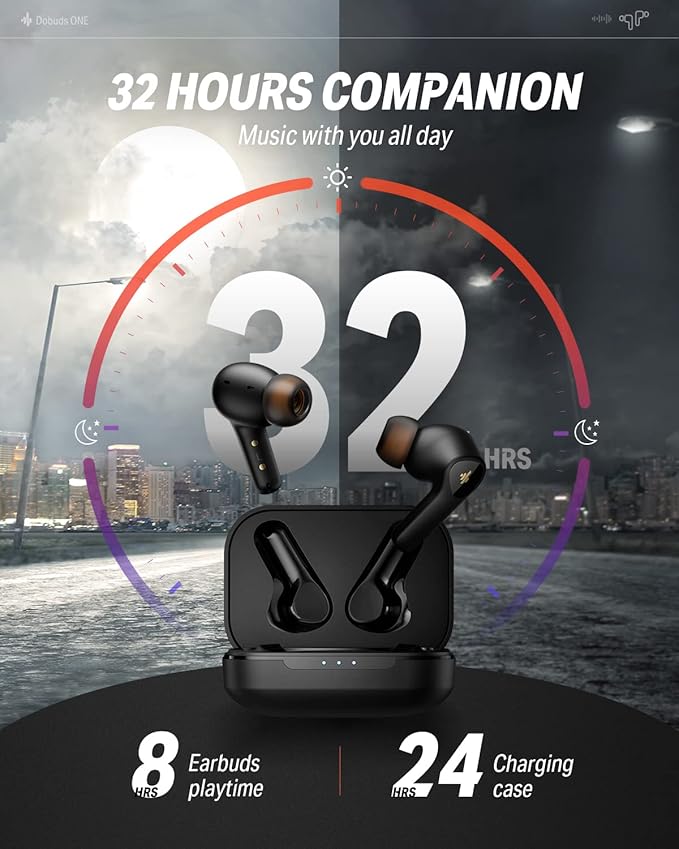 Donner Noise Cancelling Wireless Earbuds, Bluetooth 5.2 Earphones with 4 Mic Clear Calls, 12mm Drivers, App for Custom EQ, 32H Playtime, Fast Charging, Transparency - Dobuds ONE,Black