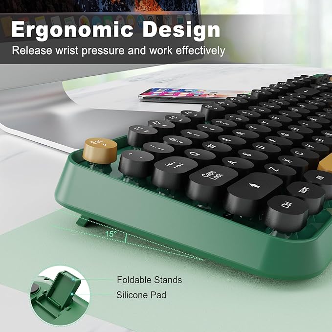 Wireless Keyboards Mouse Combos, Colorful Cute Typewriter Full-Size Retro Creamy Keyboard, 2.4GHz Sleep Mode Office Quiet Wireless Keyboard and Mouse Set for Desktop Laptop PC Computer Dark Green
