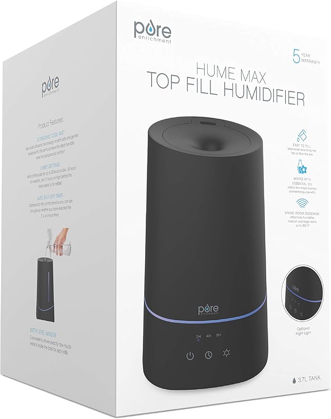Pure Enrichment HUME Max - Easy Top Fill Ultrasonic Cool Mist Humidifier, 3.7 L (1 Gallon) Tank, 3 Mist Settings + Auto Shut-Off Timer - Ideal for Large Bedrooms, Baby Nurseries and Offices (Black)
