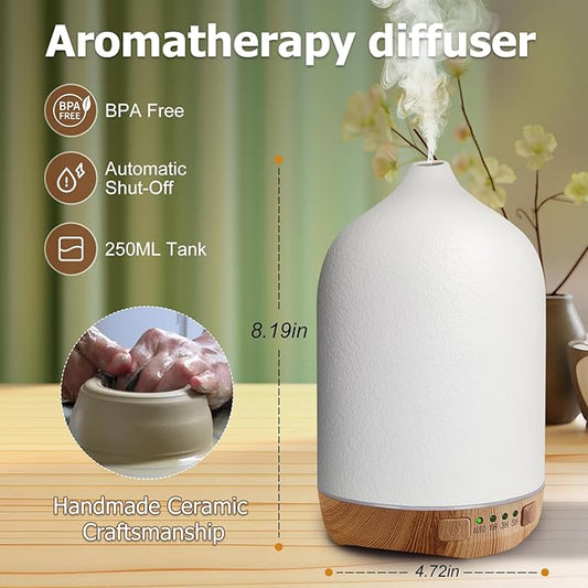 Ceramic Diffusers, Stone Essential Oil Diffuser, Ultrasonic Aromatherapy Diffusers for Home Auto Shut-Off, Wood Grain Base 250ML White