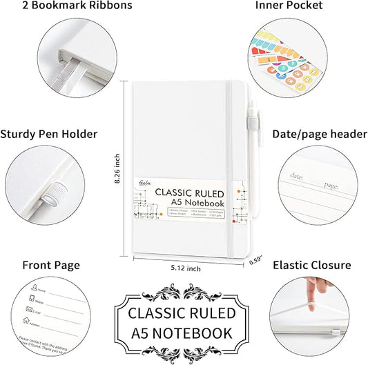 feela 3 Pack Notebooks Journals Bulk, Hardcover Notebook Classic Ruled Lined Journals with Pen Holder for Women Girls School Business Supplies, with 3 Black Pens, 120 GSM, 5.1”x8.3”, A5, White