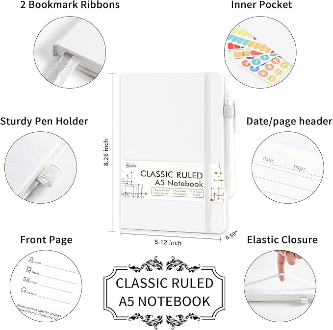 feela 12 Pack Notebooks Journals Bulk, Hardcover Notebook Classic Ruled Lined Journals with Pen Holder for Women Girls School Business Supplies, with 12 Black Pens, 120 GSM, 5.1”x8.3”, A5, White
