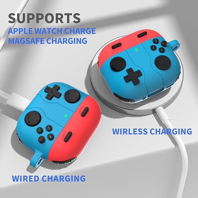 DamonLight Game Case for AirPods 4 Cover Shock-Proof Protective Silicone Case with Cleaning Pen and Keychain Accessories for Apple Airpods 4th Generation (Blue & Red)