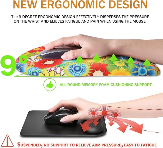 Ergonomic Mouse Pad Wrist Support,Upgrade Mousepad with Massage Design,Non-Slip PU Base Desktop Mouse Pads for Pain Relief, Computer, Office & Home,12 x 8 in（F-Colorful Flower）