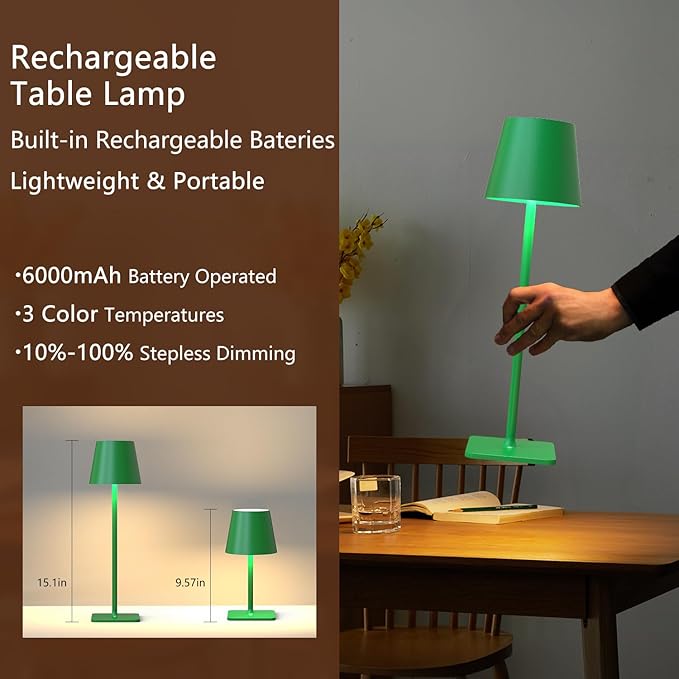 Green Cordless Table Lamp Set of 2-3 Color Stepless and Dimmable - for Restaurant Dining Bedroom Home Bar