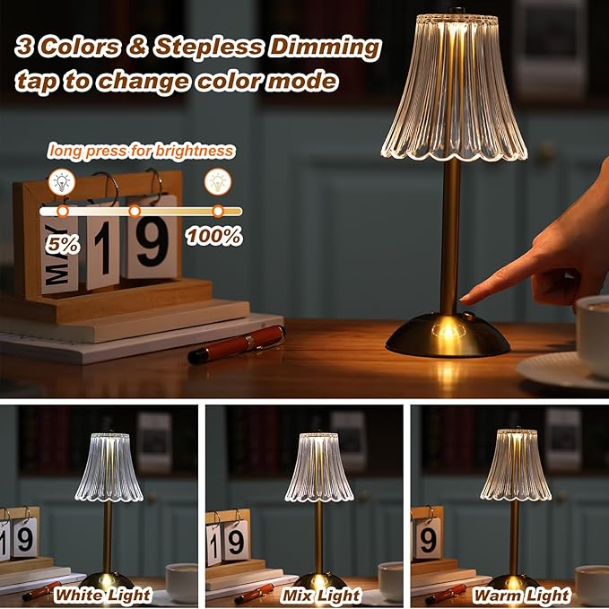 Liliful 1 Pcs LED Portable Cordless Table Lamp Touch Battery Operated Rechargeable Desk Lamp 3 Color Dimmable for Bedroom Living Room Dining (Rose Style,Gold)