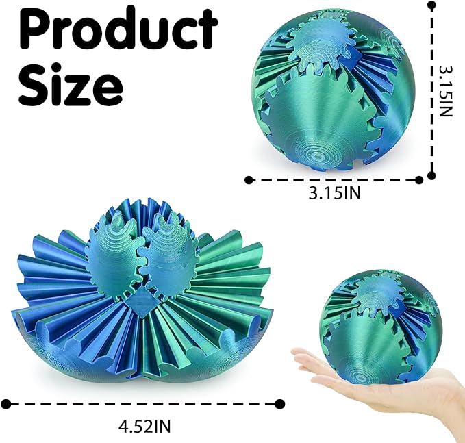 Gear Ball 3D Printed Cube Fidget Toy,Gear Sphere Fidget Toys,Sensory Toys for Stress and Anxiety Relief, Desk Toy Fidget Spinners,Stocking Stuffers for Adults & Kids Gift(Blue Green, 3.1 Inch)