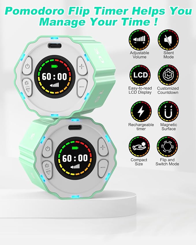 Digital Magnetic Hexagonal Timer Management Cube Timer with Customizable Alerts & Countdown - Rechargeable & Compact for Cooking, Working, Studying (Avocado Green)