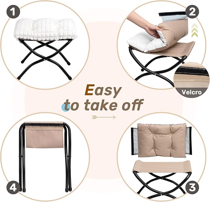 HollyHOME 15"(H) Folding Footrest Stool, Upholstered Small Foldable Ottoman, Accent Padded Sofa Foot Stool for Lazy Chair, Metal Portable Foot Rest Ottoman for Living Room, Bedroom, Faux-Fur White