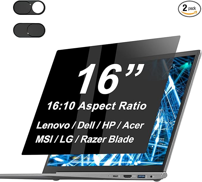 16" Laptop Privacy Screen Protector for Lenovo/HP/Acer/Dell (16:10 Aspect Ratio) Laptops, Anti-Glare Anti-Blue Light 16 Inch Privacy Screen Film Filter Bubble Free (with Metal Camera Cover)