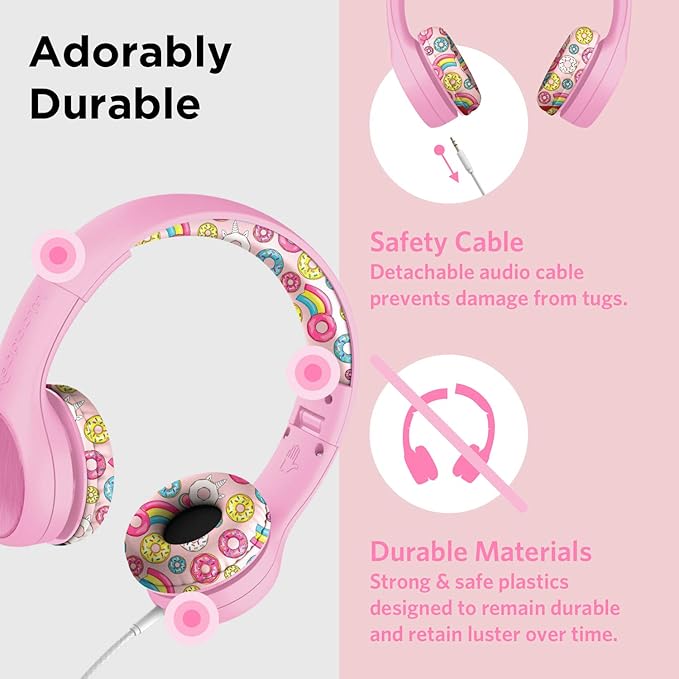 LilGadgets Connect+ Style On-Ear Kids Headphones with Microphone - SharePort Technology, SoftTouch Padding, Detachable Cable, Noise Reduction, Durable & Adjustable - Doughnuts - Wired Headphones