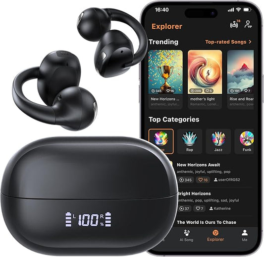 Open Ear Clip On Earbuds, Bluetooth 5.4 Bone Conduction Headphones AI Music Generator Earbuds with 4 Mics Clear Calls, 5.7g Ultra-Light Design, 30H Hi-Fi Stereo Playtime & IPX6 Fit Sports, Black
