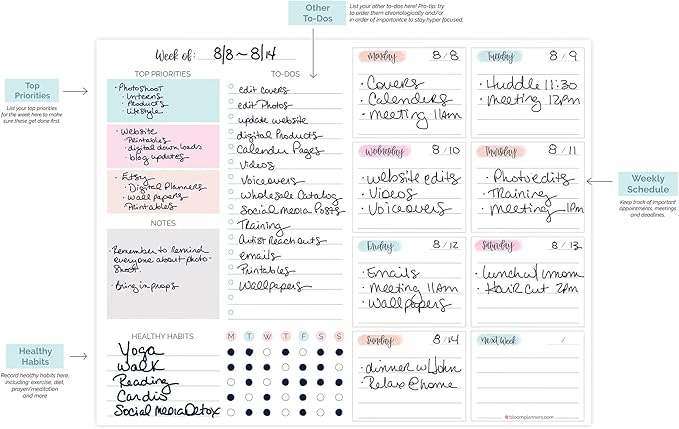bloom daily planners Horizontal Weekly To Do List Notepad with 60 Undated Sheets - Weekly Desk Planner or Chore Pad with Priorities & Habit Tracker - 8.5” x 11” - Pastel