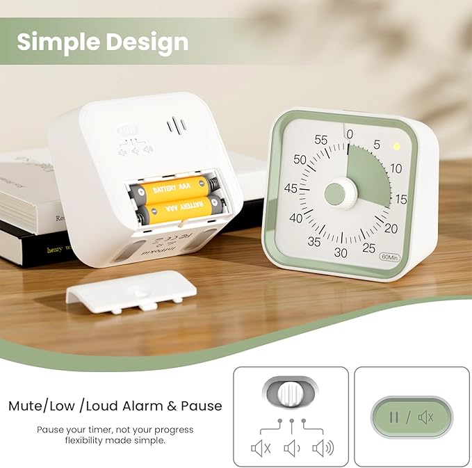 Visual Timer for Kids with Pause Function, 60 Minute Countdown Timer for Kids Desk Study, Teaching, Kitchen Cooking, Office Meetings, Time Management for ADHD (White)