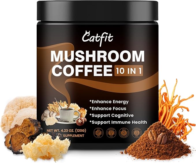 Mushroom Coffee Powder, 10 Mushroom Blend Supplements with Lion's Mane, Chaga, Cordyceps, L-Theanine for Energy, Focus, Cognitive and Immunity, 37 Serving