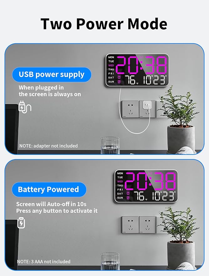 MASHI 8.4''Large Digital Wall Clock, Led Alarm Clock with Big Digits, Date, Temperature, DST, Modern Decor Design for Desk,5-Level Brightness for Room, Bedroom, Gift, Yougster and Elderly (Purple)