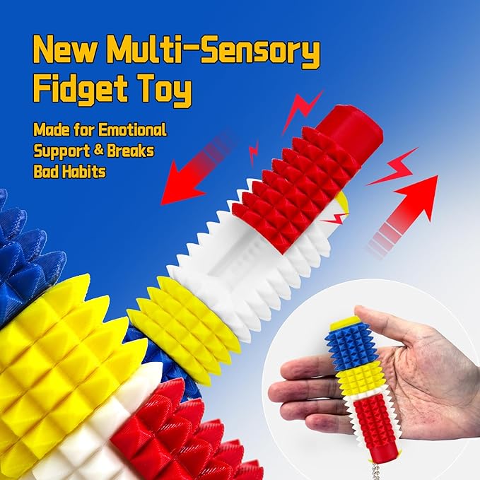 Little Ouchies Spiky Sensory Fidget Toy for Adults – Pain Stim Tool with Clicker, Spinner, Slider, Roller & Spiky Grip | 5‑in‑1 Stress & Anxiety Relief, Portable Keychain(Lego Colors)