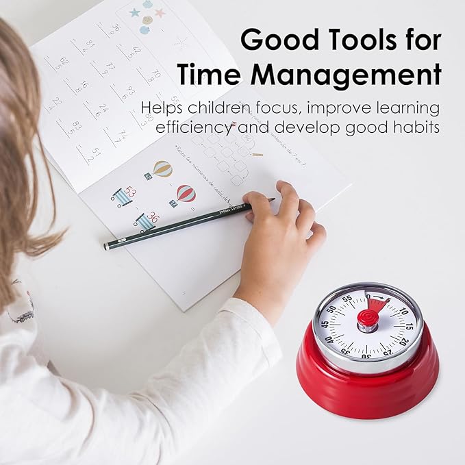 Visual Timer, Teeloray 60-Minute Countdown Timer, Kitchen Timer with Magnetic Base, Mechanical Clockwork, Ringer Alert, Time Management Tool for Children and Adults, Study/Work/Cooking (Red)