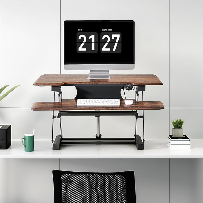 29" Electric Standing Desk Converter, Dyropcurv Series Height Adjustable Computer Desk Ergonomic Home Office Desk for Adults, Sit to Stand Desk with Quiet Motor, Vintage Brown