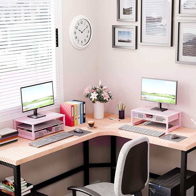 Simple Trending Metal Monitor Stand Riser and Computer Desk Organizer with Drawer for Laptop, Computer, iMac, Pink