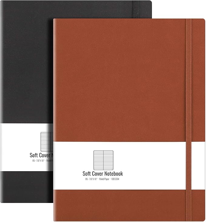 B5 College Ruled Notebook Softcover Journals (2-Pack)- AHGXG Large Composition Notebook 7.6 x 10 inch with Thick 100gsm Lined Paper, Total 408 Numbered Pages, Black Brown
