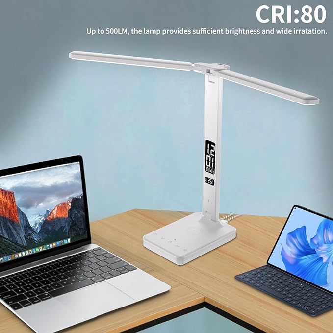 LED Desk Lamp with Wireless Charger, USB Charging Port, Dual Swing Arm Desk Light with 5 Brightness, 3 Colors, Table Lamp with Clock, Alarm, Date, Temperature, Desk Lamp for Home Office Study (White)