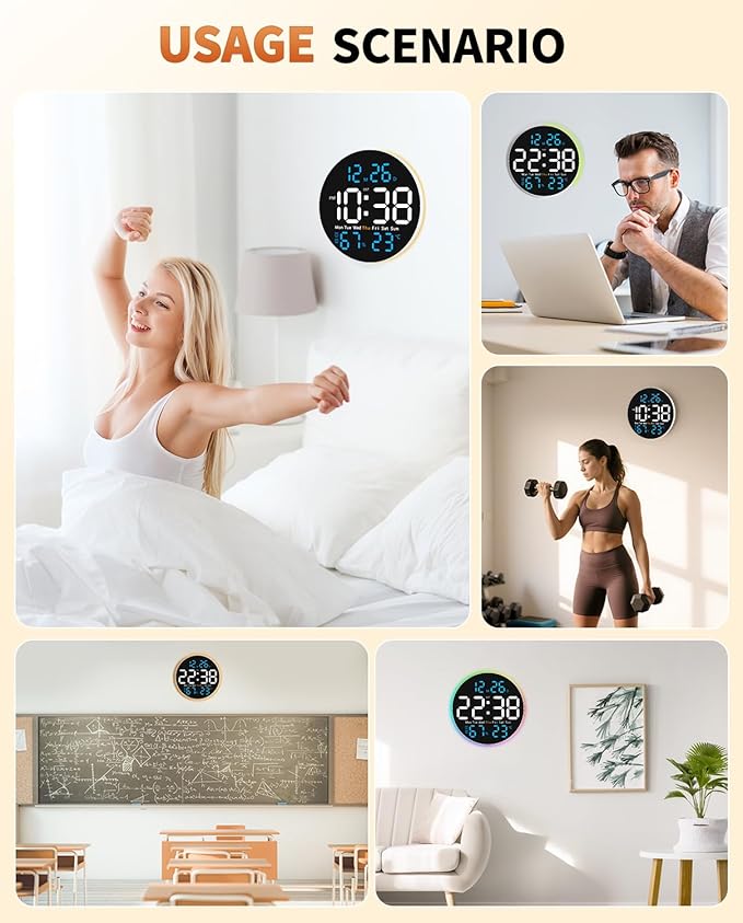 10 Inch Large Digital Wall Clock with 9 Color Changing Remote Control, Date Week Temperature, Auto Brightness Dimmer Big Clock with Night Lights,Blue