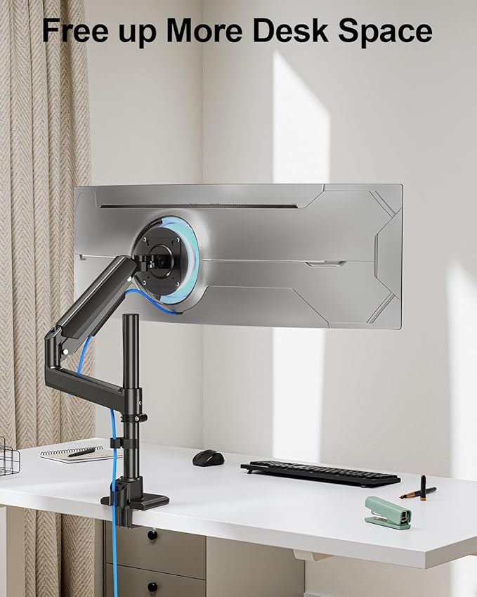 Heavy Duty Single Monitor Mount for Max 49 inch, Hold 4.4 to 44 lbs Ultrawide Screens, Premium Monitor Arm for Samsung Odyssey G9 and More, Adjustable Gas Spring Desk Stand, VESA Mount