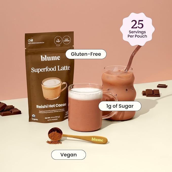 Blume Superfood Latte - Reishi Hot Cacao Powder, Mushroom Powder, Soothing Superfoods, Latte with Brain support, Organic Cocoa Mushroom Coffee Enhancer - Organic, Vegan And Keto Friendly - 25 Servings