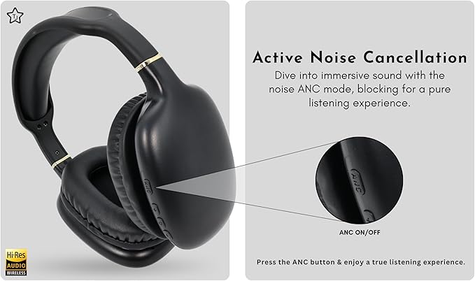 TJ Active Noise Cancellation Bluetooth Over Ear Headphones | Supersoft Leather Wireless Headset Wired Built-in MIC 24H Playtime High Res Audio Travel/Work/Students/Running/Gym(Black)