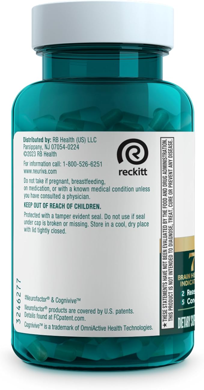 NEURIVA Ultra Decaffeinated Clinically Tested Nootropic Brain Supplement for Mental Alertness, Memory, Focus & Concentration, Cognivive, Neurofactor, Phosphatidylserine, Vitamins B6 B12, 60 Capsules