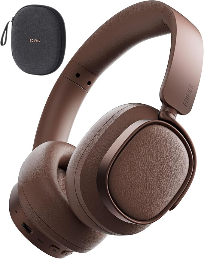 Edifier ES850NB Active Noise Cancelling Headphones, Over Ear Bluetooth Headset, 92H Playtime Wired & Wireless Hi-Res Audio Certified, Fast Charging Clear Calls for Home Office Travel - Brown