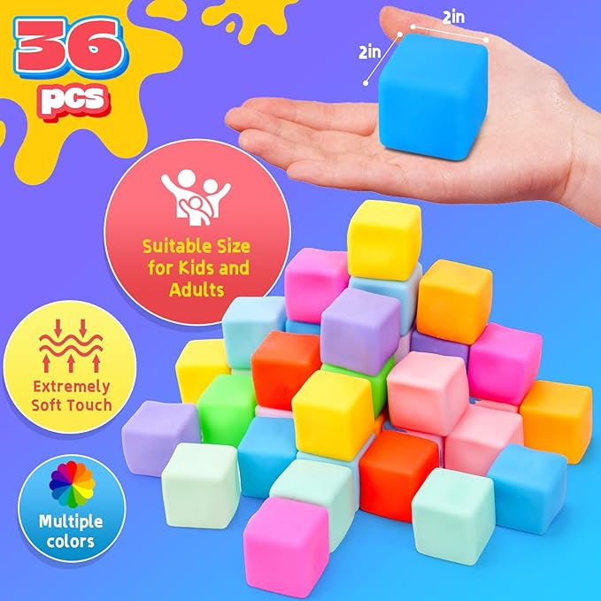 YAKHAN 36PCS Color-Changing Stress Cube - Soft, Squeezeable Stress Relief Balls for Relaxation, Ages, Ideal for Parties, Home, Classroom, and Office Use, Slow-Rebound Design, Portable