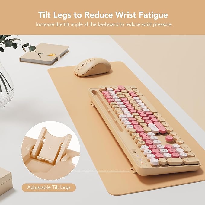 Wireless Keyboard and Mouse Combo, Retro Round Keycaps, Cute Full-Size Typewriter Keyboard with Phone Holder, Sleep Mode, Click Soft, 2.4GHz Cordless Connection for Windows/PC/Laptop (Latte-Colorful)