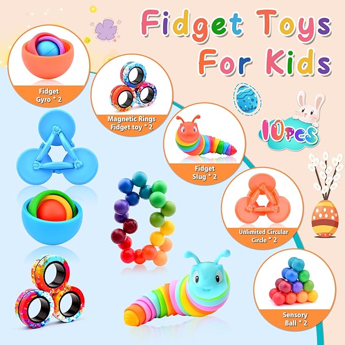 Fidget Toys Teen Pack, Fidget Spinner for Adults, Easter Gift for Boys 8-12, 10PC Sensory Toys Set for Kids Autism, Desk Toy Stress Relief Toys for ADHD