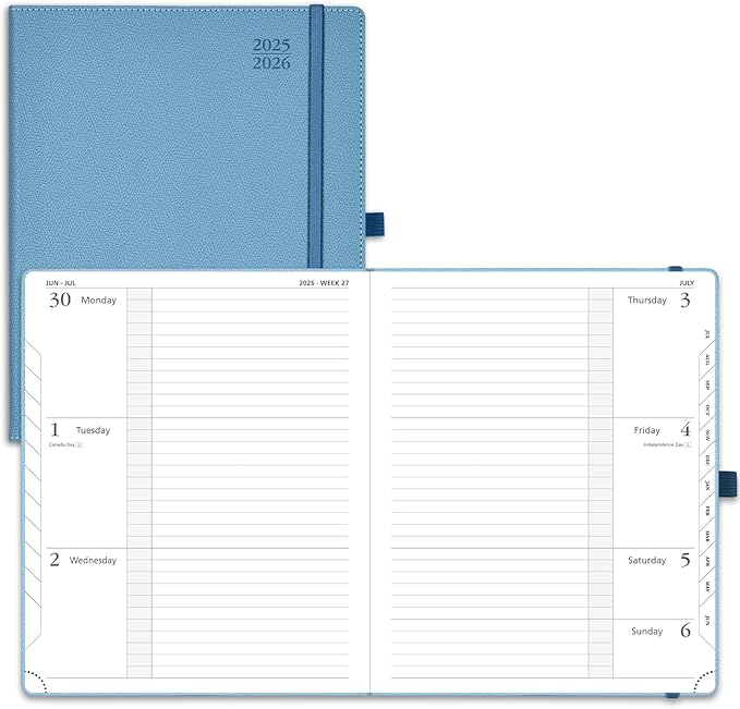 POPRUN Planner 2025-2026 (Large 8.5''x 10.5''), Horizontal Weekly Notebook Jul.2025 - Jun.2026, Academic Appointment Book with Monthly Tabs, Leather Hardcover, Inner Pocket, 100 GSM - Aquamarine