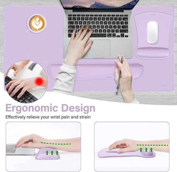 MOSISO Keyboard Mouse Pad Set, Large Gaming Mousepad&Keyboard Wrist Rest&Mouse Wrist Rest&Coaster, Ergonomic Non-Slip Mousepad&Easy Typing Cushion with Memory Foam for Home Office, Dusty Lilac