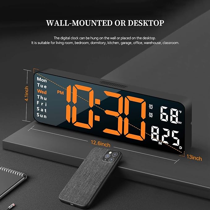Digital Wall Clock for Living Room Decor, Desk Alarm Clock for Bedroom, Large Wall Clock with Remote Control, Automatic Brightness Dimmer LED Clock with Date Temperature Week (Orange-B)
