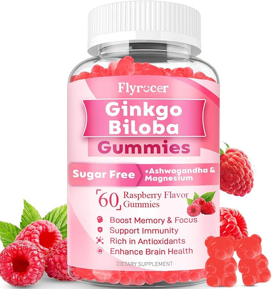 Ginkgo Biloba 300mg Gummies for Adults & Kids, Ginkgo Biloba Supplements for Focus, Memory, and Brain Health, Vegan, Sugar-Free, Raspberry Flavor, 60 Count