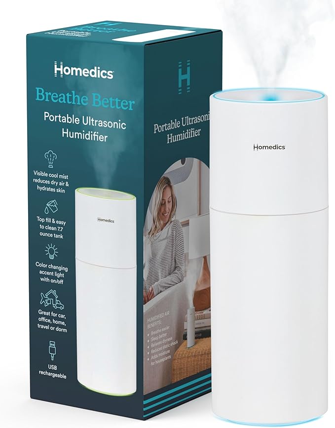 Homedics Portable Humidifier - Small Air Humidifiers for Bedroom, Plants, Office, Travel - Cool Mist Humidifiers, Color-Changing Accent Light, 2 Mist Settings, White